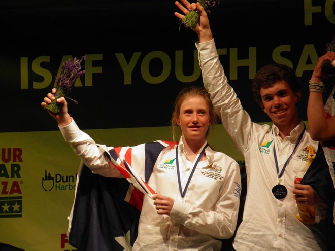Lucy Copeland and Paul Darmanin after receiving their silver medals (mixed multihull). Photo: Brendan Todd        - ISAF Youth Worlds © ISAF Youth Worlds http://www.isafyouthworlds.com